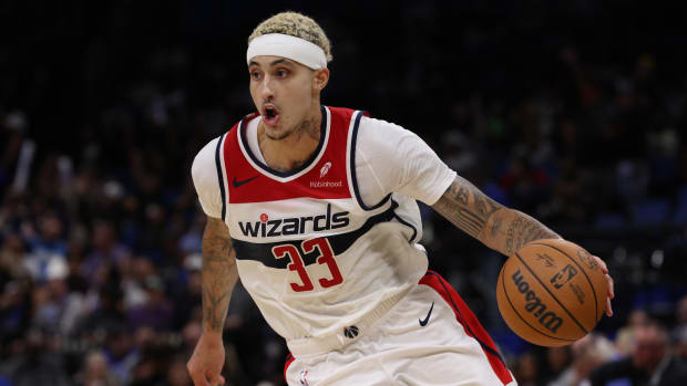 Nov 29, 2023; Orlando, Florida, USA; Washington Wizards forward Kyle Kuzma (33) drives to the basket against the Orlando Magic during the second half at Amway Center.